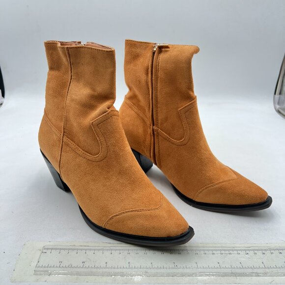Brown Suede Pointed Toe Chunky Heel Side Zipper Ankle Boot Comfy Winter Bootie - Picture 3 of 7